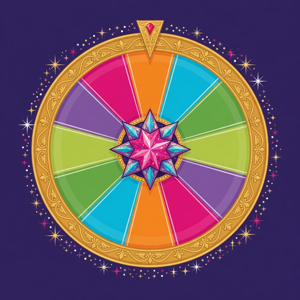 A colorful prize wheel with a jewel hub
